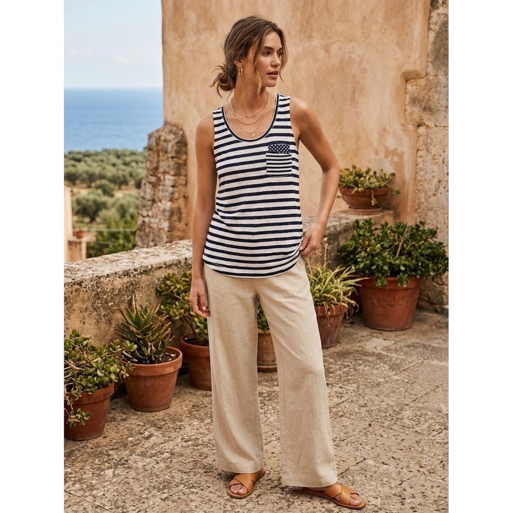 Anthropologie Striped Tank Top Navy White Polka Dot Pocket XS OB833636